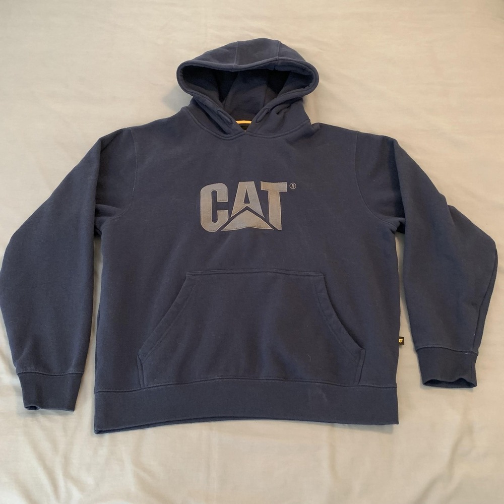 CAT Hoodie‎ Mens Large Blue Pullover Fleece Workwear Logo Hooded Sweatshirt